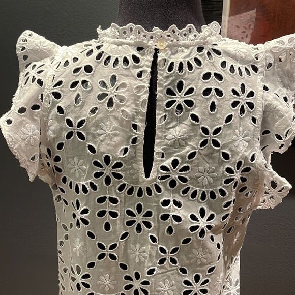 J. Crew mock neck top in allover embroidered eyelet ruffle trim top. NWT. XS. - Picture 7 of 8